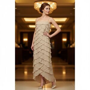 Tadashi Layered Champagne Spaghetti Strap Gown size 12